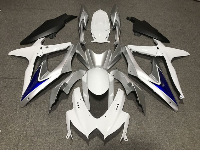 Blanc Brillant Avec Argent & Bleu Noir Mat Inférieur 2008-2010 Suzuki GSXR 600-750 Carénage Moto