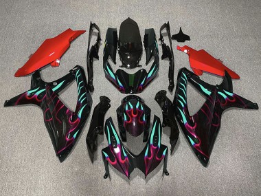 Rouge & Cyan Flamme 2008-2010 Suzuki GSXR 600-750 Carénage Moto